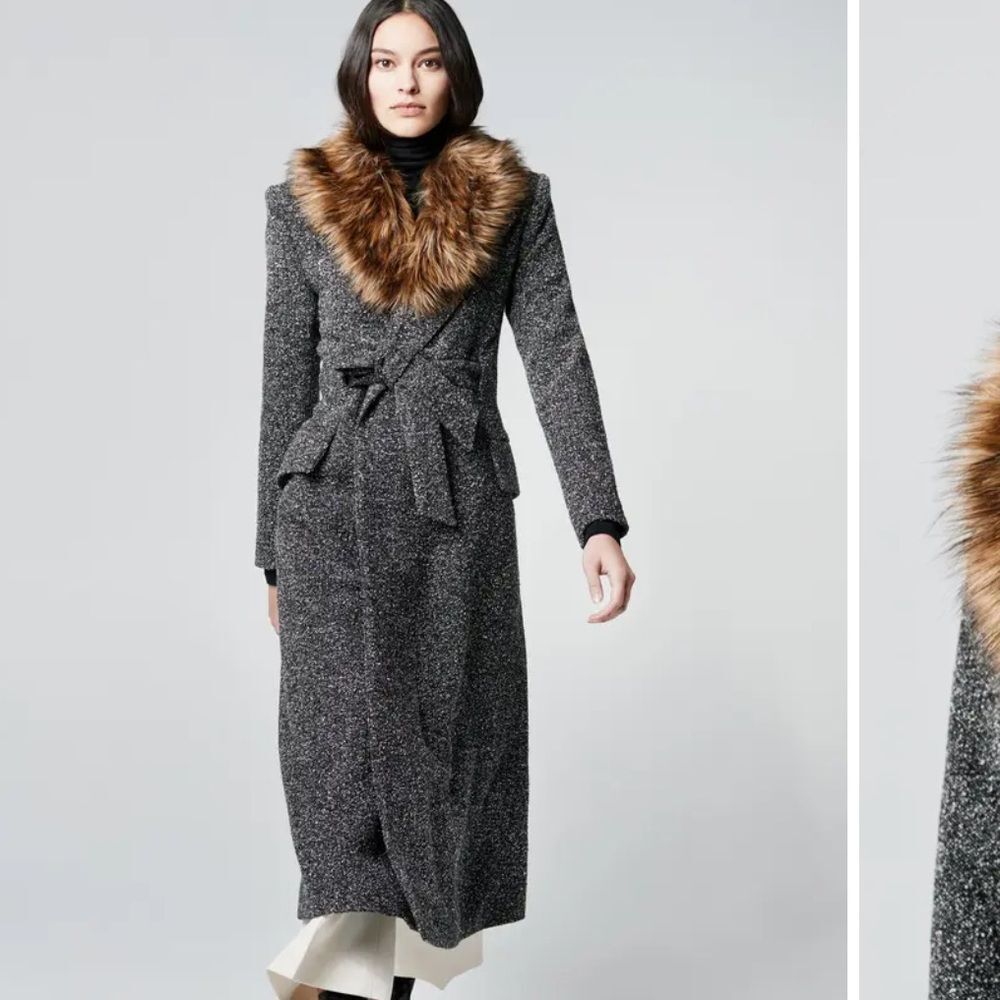 SMYTHE  Tie Belted Wool & Silk Blend Coat With Removable Faux Fur Collar Size XS